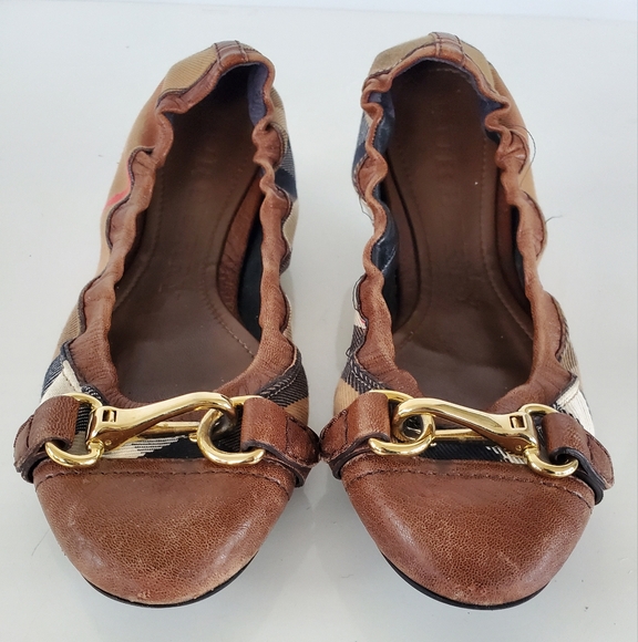 Burberry Brown Nova Check Fabric & Leather Buckle Detail Scrunch Ballet Flats 38 - Picture 3 of 13
